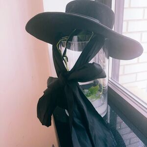 Custom handmade black felt Cartwheel Hat with silky fabric and white leather